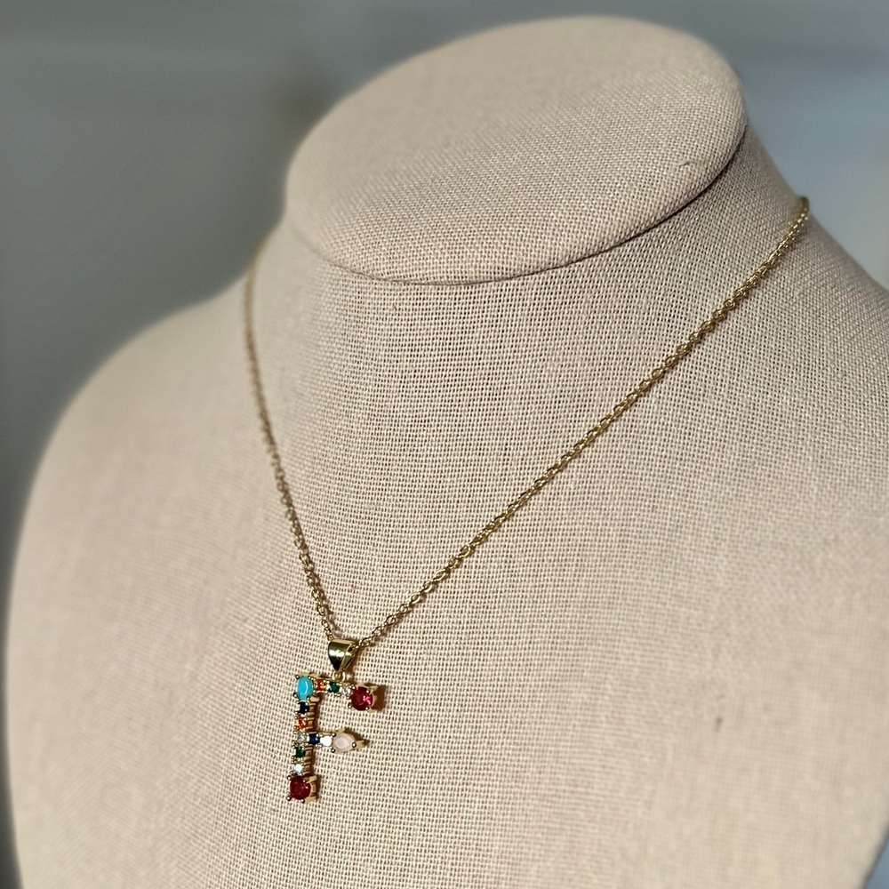 Gold Initial Letter Necklace Crystal Rainbow Rhinestone F